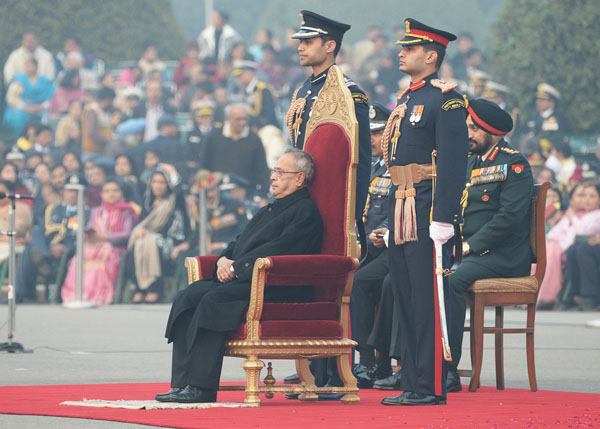 The President of India Shri Pranab Mukherjee being witnessing the Beating Retreat Ceremony at Vijay Chowk in New Delhi on January 29, 2014. 