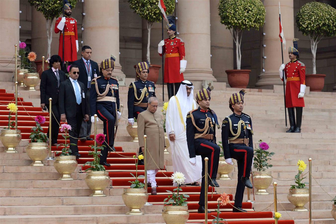 The President of India Shri Pranab Mukherjee and the Crown Prince of Abu Dhabi, H.H. General Sheikh Mohammed Bin Zayed Al Nahyan in procession during the departure from Rashtrapati Bhavan for witnessing Republic Day Parade at Rajpath on January 26, 2017.