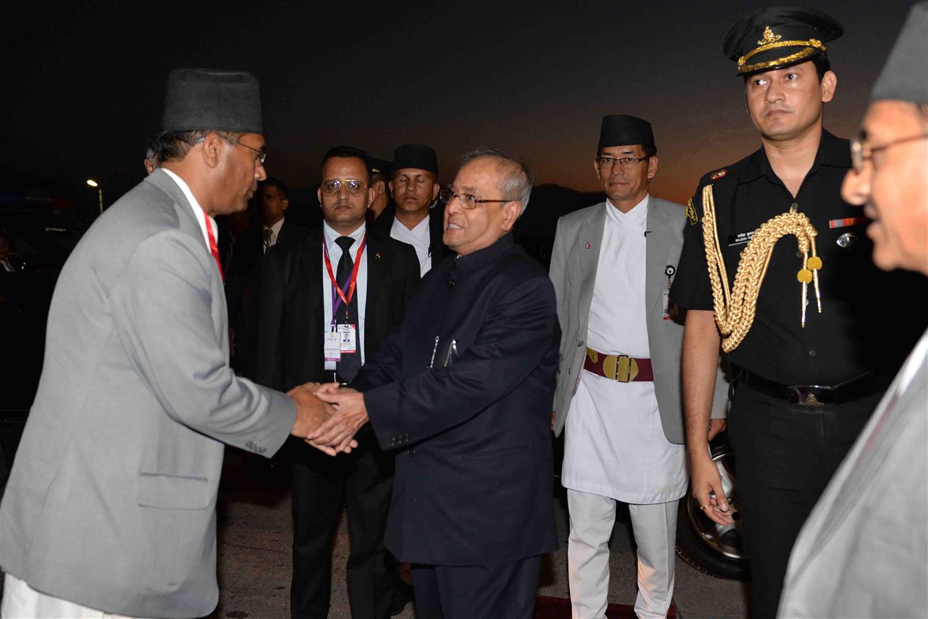 The President of India, Shri Pranab Mukherjee bid farewell by the Nepali delegates during the Departure from Kathmandu Airport at Kathmandu in Nepal on November 4, 2016. 