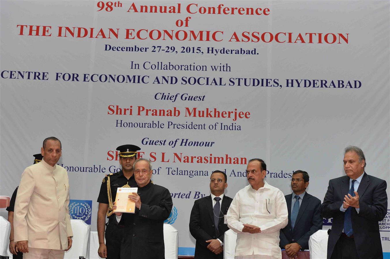 The President of India, Shri Pranab Mukherjee at the inaugural function of the 98th annual conference of the Indian Economic Association (IEA) at Hyderabad on December 27, 2015.