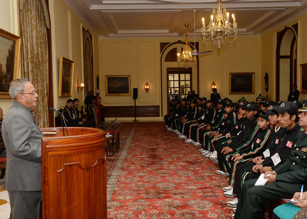 Students from Uri of Baramulla district of Jammu and Kashmir meeting the President of India, Shri Pranab Mukherjee at Rashtrapati Bhavan in New Delhi on December 5, 2013. The students are in Delhi under National Integration Tour as part of Operation Sadbh