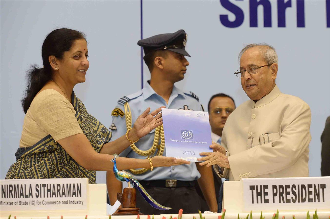 The Union Minister of State [I/C] for Commerce and Industry, Smt. Nirmala Sitharaman releasing the Journal of ECGC and presenting first copy to the President of India, Shri Pranab Mukherjee at the inauguration of Diamond Jubilee Celebrations of Export Cre 