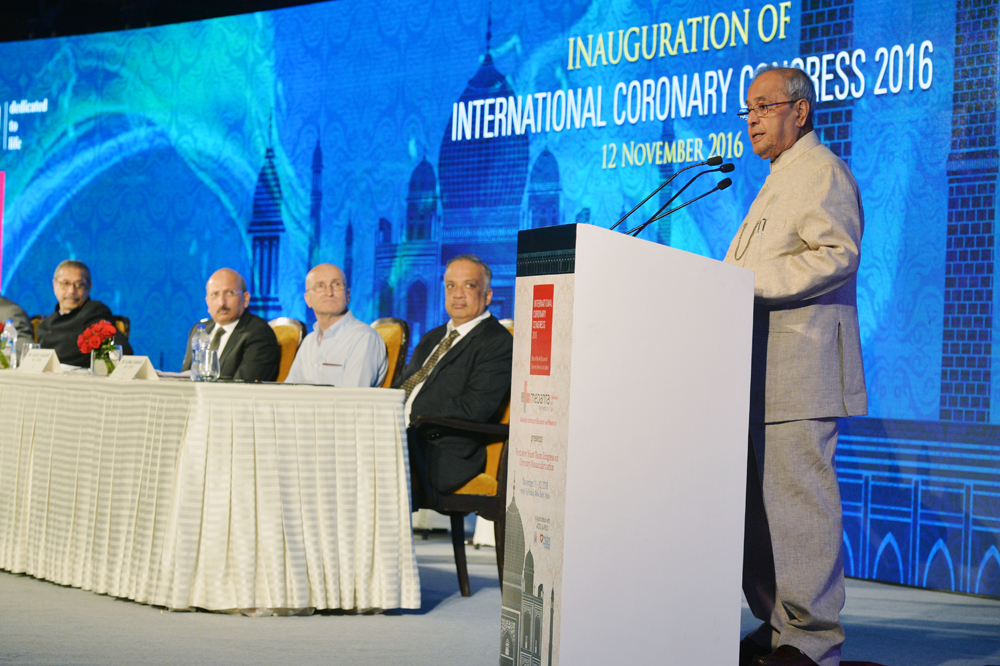 The President of India, Shri Pranab Mukherjee addressing at the inauguration meeting of American Association of Thoracic Surgeons and International Coronary Congress in New Delhi on November 12, 2016. 