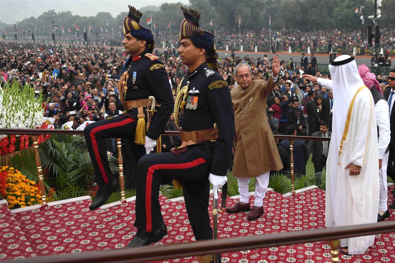 The President of India, Shri Pranab Mukherjee and the Chief Guest of the Republic Day Celebrations H.H. General Sheikh Mohammed Bin Zayed Al Nahyan, Crown Prince of Abu Dhabi in procession at Rajpath on the occasion of the 68th Republic Day Parade in New