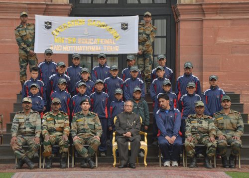 The President of India, Shri Pranab Mukherjee with the students from Nyoma Tehsil Eastern Ladakh at Rashtrapati Bhavan in New Delhi on January 30, 2013 who participated in the Operation Sadbhavana tour organized by the 2 Bihar Regiment.