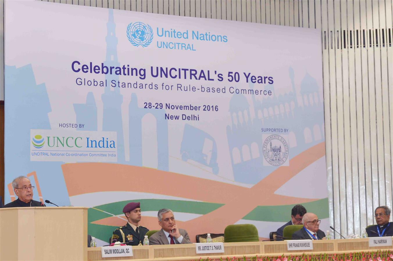 The President of India, Shri Pranab Mukherjee delivering the opening address at an International Conference organized to mark the 50th anniversary of the United Nations Commission on International Trade Law (UNCITRAL) in New Delhi on November 28, 2016. 