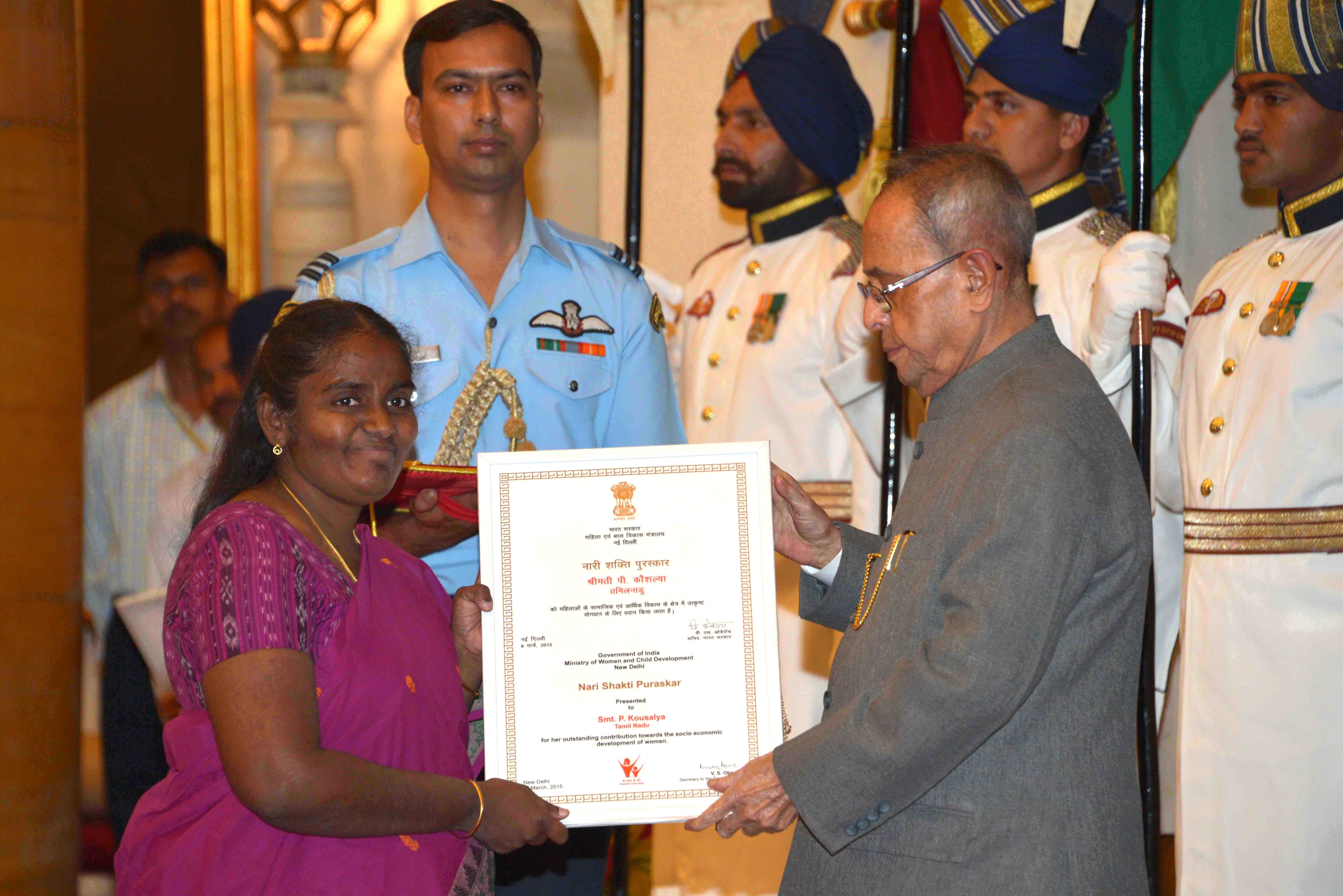 The President of India, Shri Pranab Mukherjee presenting Nari Shakti Puruskars for the year 2014 to Smt. P. Kousalya, Tamil Nadu on the occasion of International Women’s Day at Rashtrapati Bhavan on March 8, 2015.