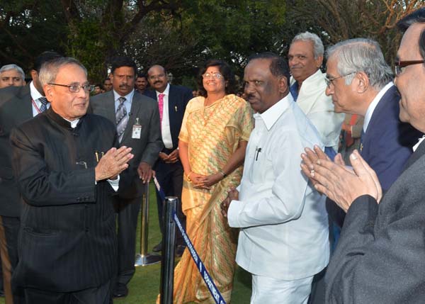 The President of India, Shri Pranab Mukherjee meeting invitees at the Reception hosted by him at Rashtrapati Nilayam, Bolarum, Secunderabad at Hyderabad in Andhra Pradesh on December 30, 2013.