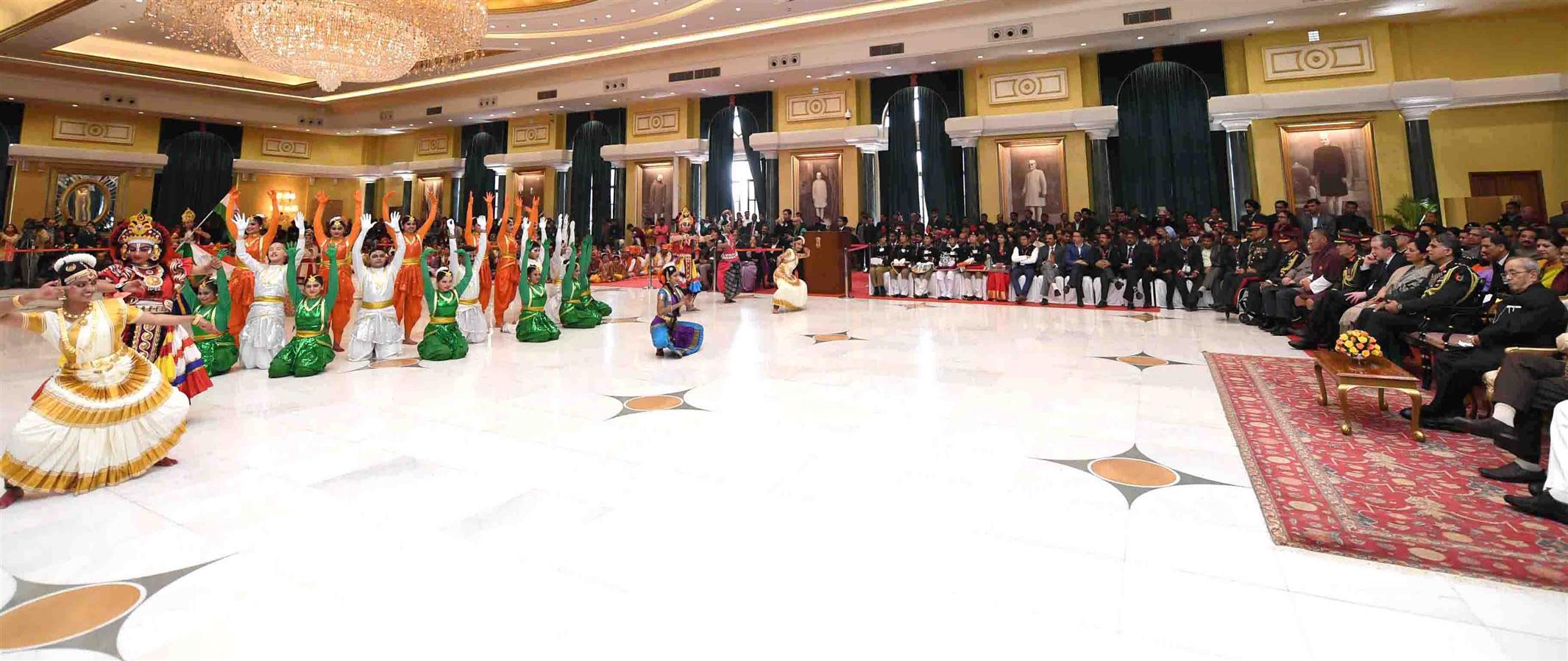 Artistes performing at Rashtrapati Bhavan Cultural Center (RBCC) on January 27, 2017 when Tribal Guests, Tableaux Artists, Tractor Drivers, NSS Volunteers and NCC Cadets who had participated in the 68th Republic Day Parade met the President of India, Shr