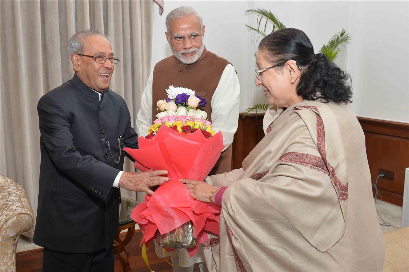 The Speaker of the Lok Sabha, Smt. Sumitra Mahajan greeting the President of India, Shri Pranab Mukherjee on occasion of his Birthday on December 11, 2016. 