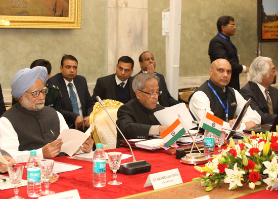 The President of India, Shri Pranab Mukherjee attending the Conference of Vice Chancellors of Central Universities at Rashtrapati Bhavan in New Delhi on February 5, 2013. Also seen are the Prime Minister of India, Dr. Manmohan Singh and the Union Minister