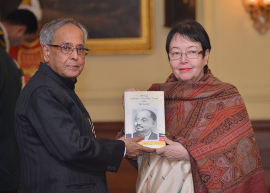 The President of India, Shri Pranab Mukherjee receiving the first copy of book entitled 'Netaji Subhas Chandra Bose and Germany' from daughter of Netaji Subhas Chandra Bose, Dr. Anita Pfaff at Rashtrapati Bhavan in New Delhi on February 6, 2013.