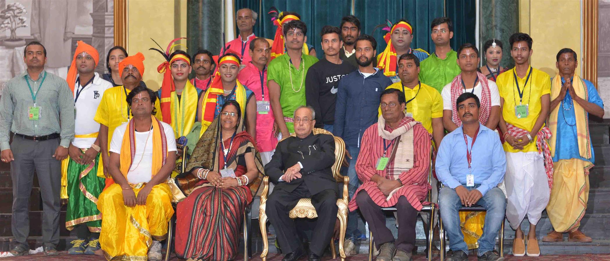 The President of India, Shri Pranab Mukherjee with artistes who had participated in the 68th Republic Day Parade at Rashtrapati Bhavan Cultural Center (RBCC) on January 27, 2017.