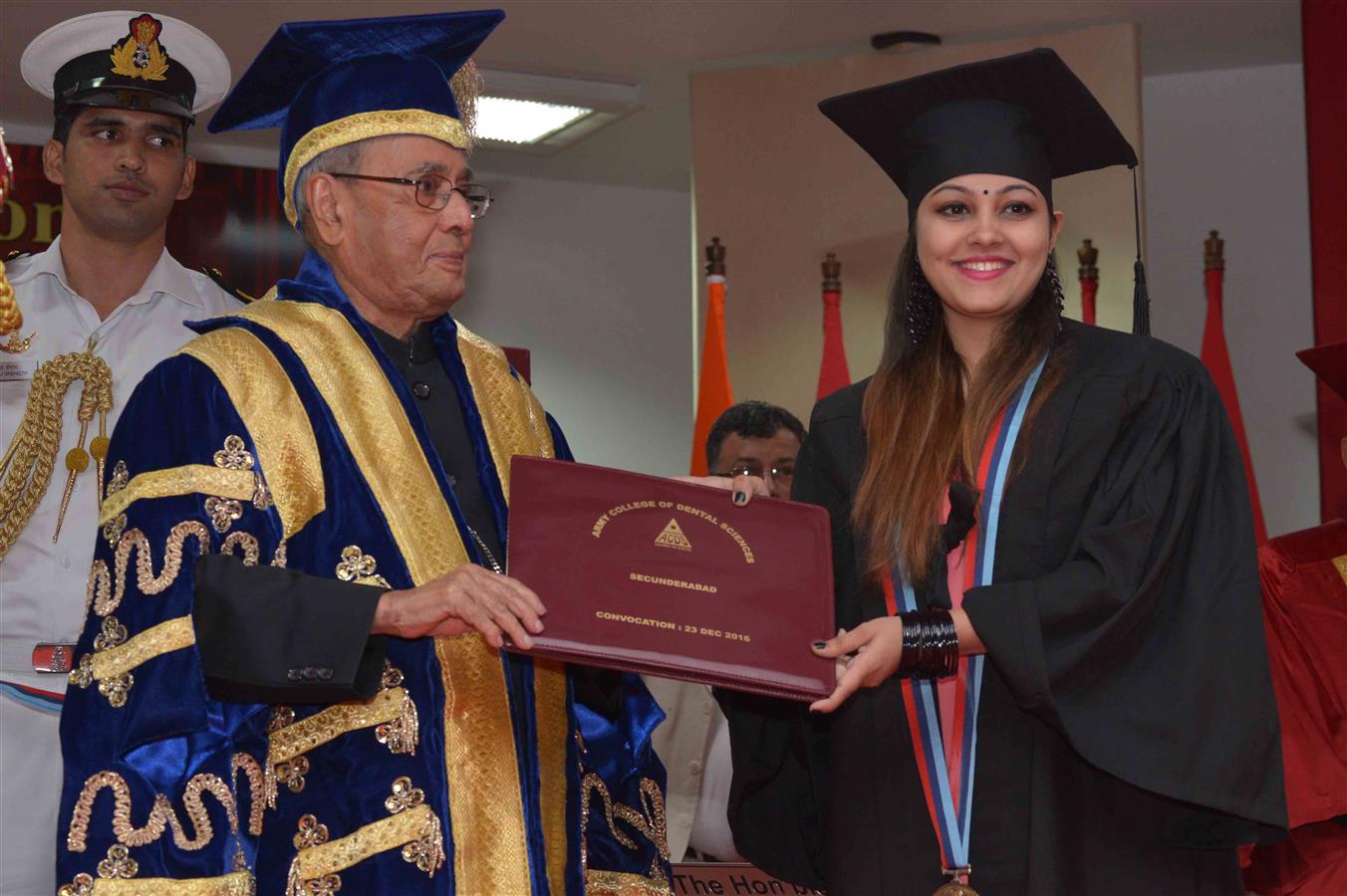 The President of India, Shri Pranab Mukherjee presenting the degree certificate to a student at the 6th Convocation of MDS and 11th Convocation of BDS Courses at the Army College of Dental Sciences at Secunderabad on December 23, 2016. 