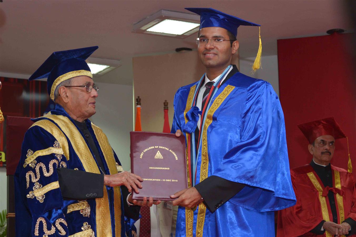 The President of India, Shri Pranab Mukherjee presenting the degree certificate to the student at the 6th Convocation of MDS and 11th Convocation of BDS Courses at the Army College of Dental Sciences at Secunderabad on December 23, 2016. 