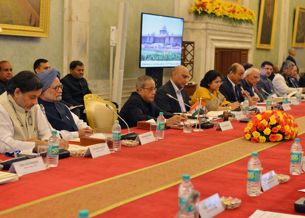 The President of India, Shri Pranab Mukherjee attending the Conference of Vice Chancellors of Central Universities at Rashtrapati Bhavan in New Delhi on February 6, 2014. Also seen are the Prime Minister of India, Dr. Manmohan Singh and the Union Ministe 