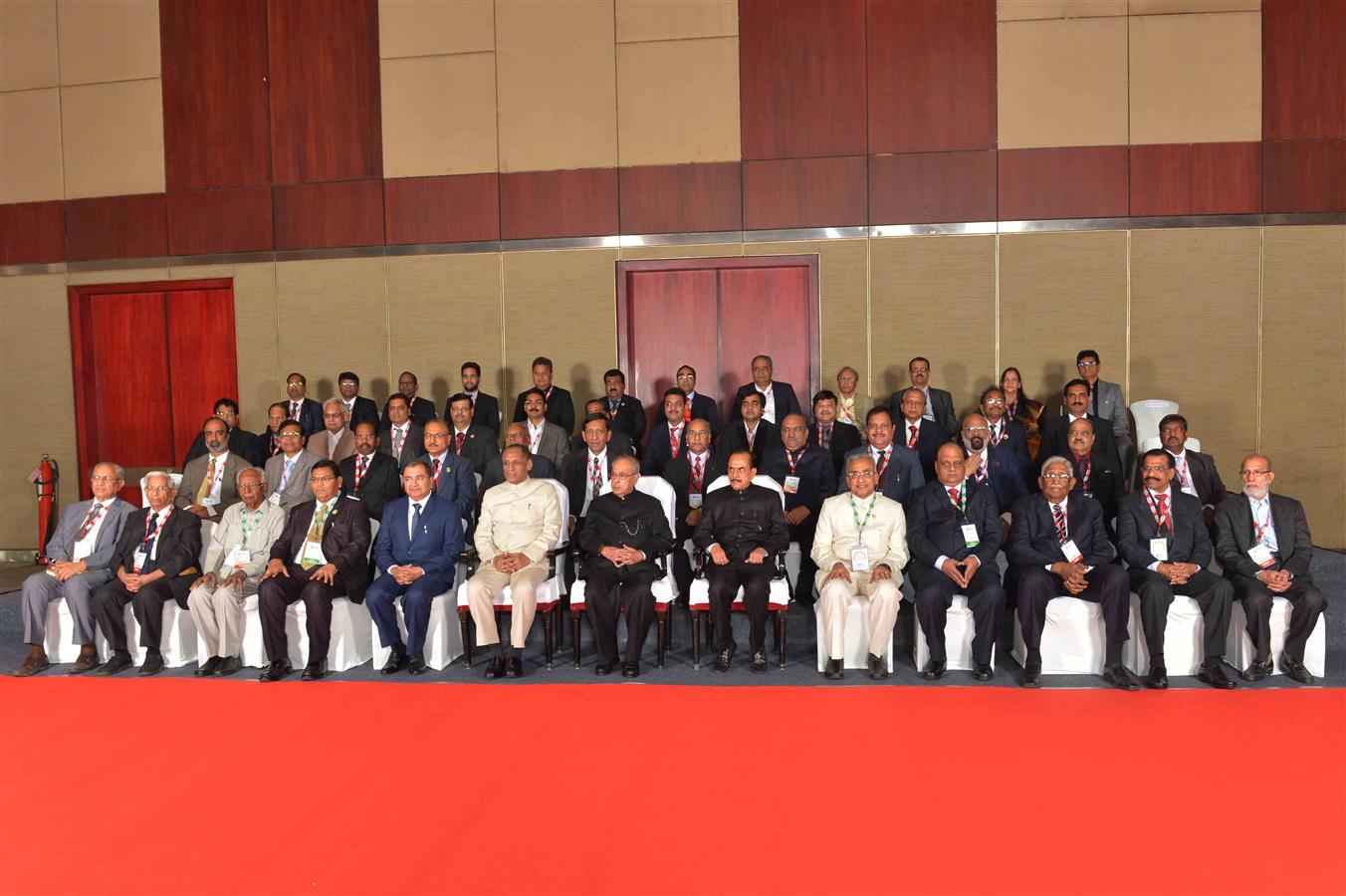 The President of India, Shri Pranab Mukherjee in a group photograph at the Centenary Celebration of the Federation of Telangana and Andhra Pradesh Chambers of Commerce and Industry at Hyderabad on December 23, 2016. 