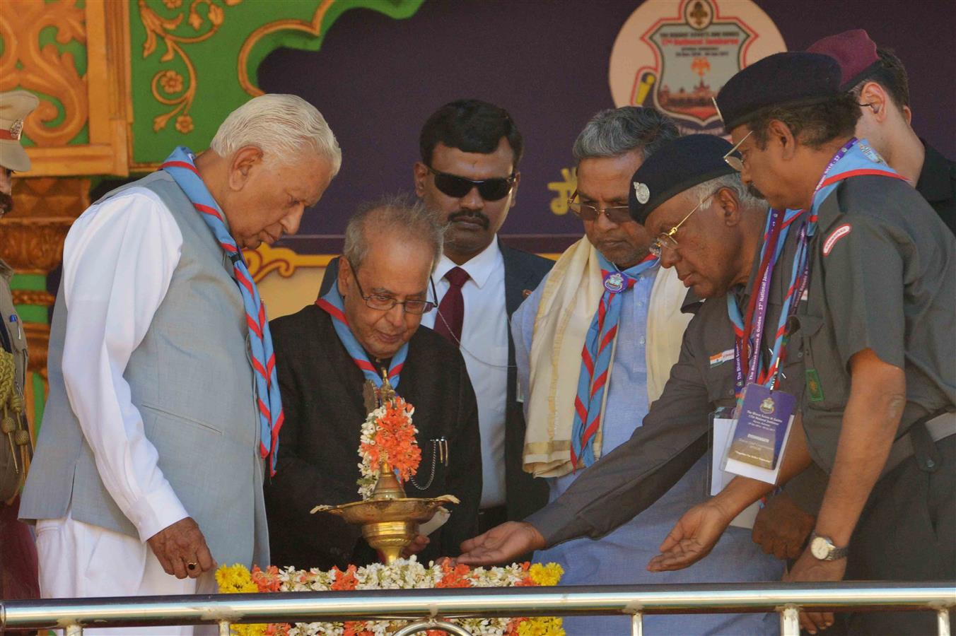 The President of India, Shri Pranab Mukherjee lighting the lamp at the inauguration of the 17th National Jamboree of the Bharat Scout and Guides at Mysore on December 29, 2016. 