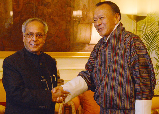 The Prime Minister of Bhutan, H.E. Mr. Lyonchhen Jigmi Y. Thinley calling on the President of India, Shri Pranab Mukherjeee at Rashtrapati Bhavan in New Delhi on February 8, 2013.