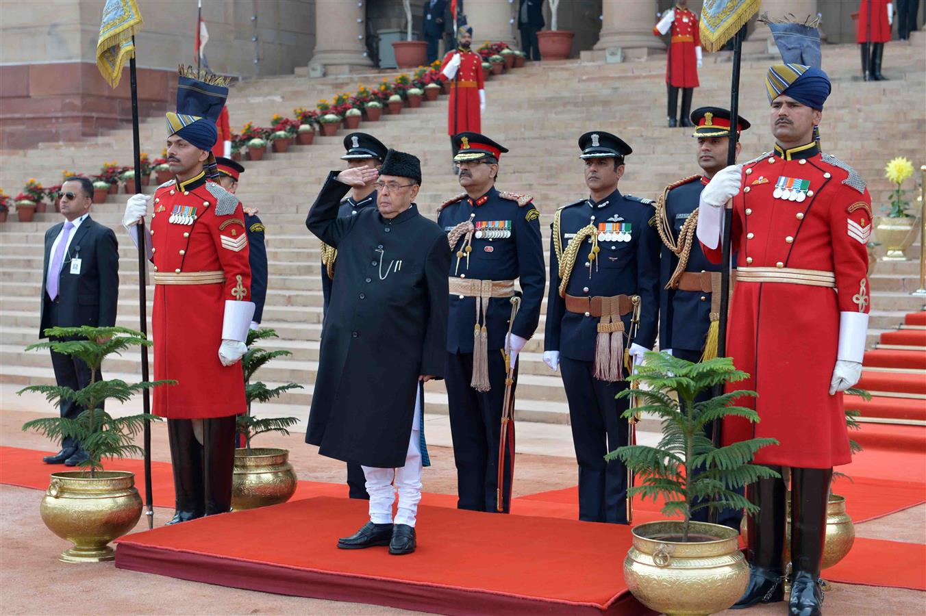 The President of India Shri Pranab Mukherjee taking the Salute from President's Body Guard (PBG) at the Forecourt of Rashtrapati Bhavan during the departure for witnessing the 'Beating Retreat' at Vijay Chowk in New Delhi on January 29, 2017.