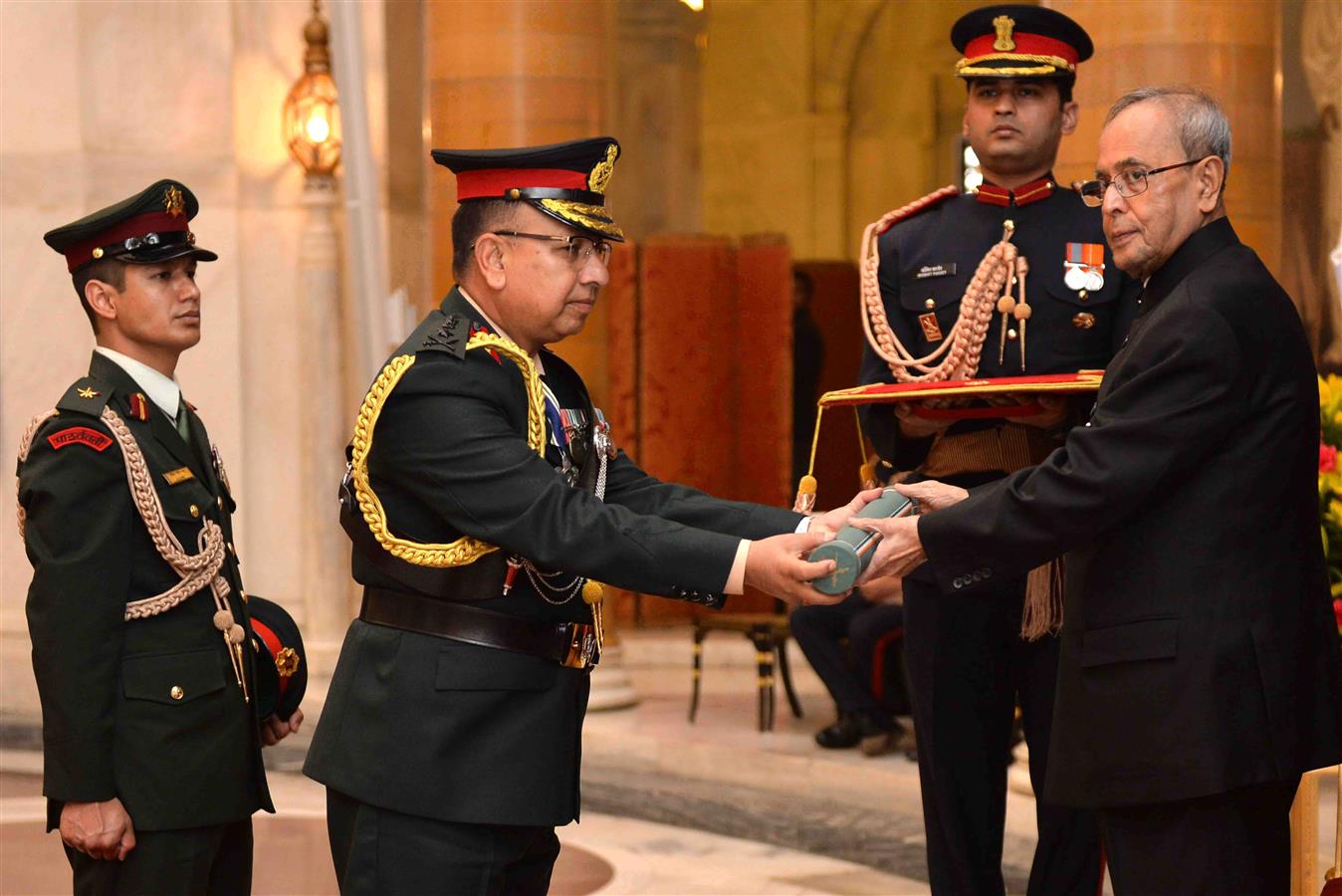 The President of India, Shri Pranab Mukherjee conferring the Honorary Rank of General of the Indian Army to General Rajendra Chhetri, Chief of the Army Staff, Napalese Army at Rashtrapati Bhavan on February 3, 2016. 