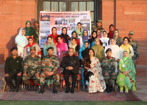 The President of India, Shri Pranab Mukherjee with the lady teachers from Jammu and Kashmir at Rashtrapati Bhavan in New Delhi on February 8, 2013. The teachers are in Delhi as part of Operation Sadbhavana organized by the Signal Corps of Indian Army.