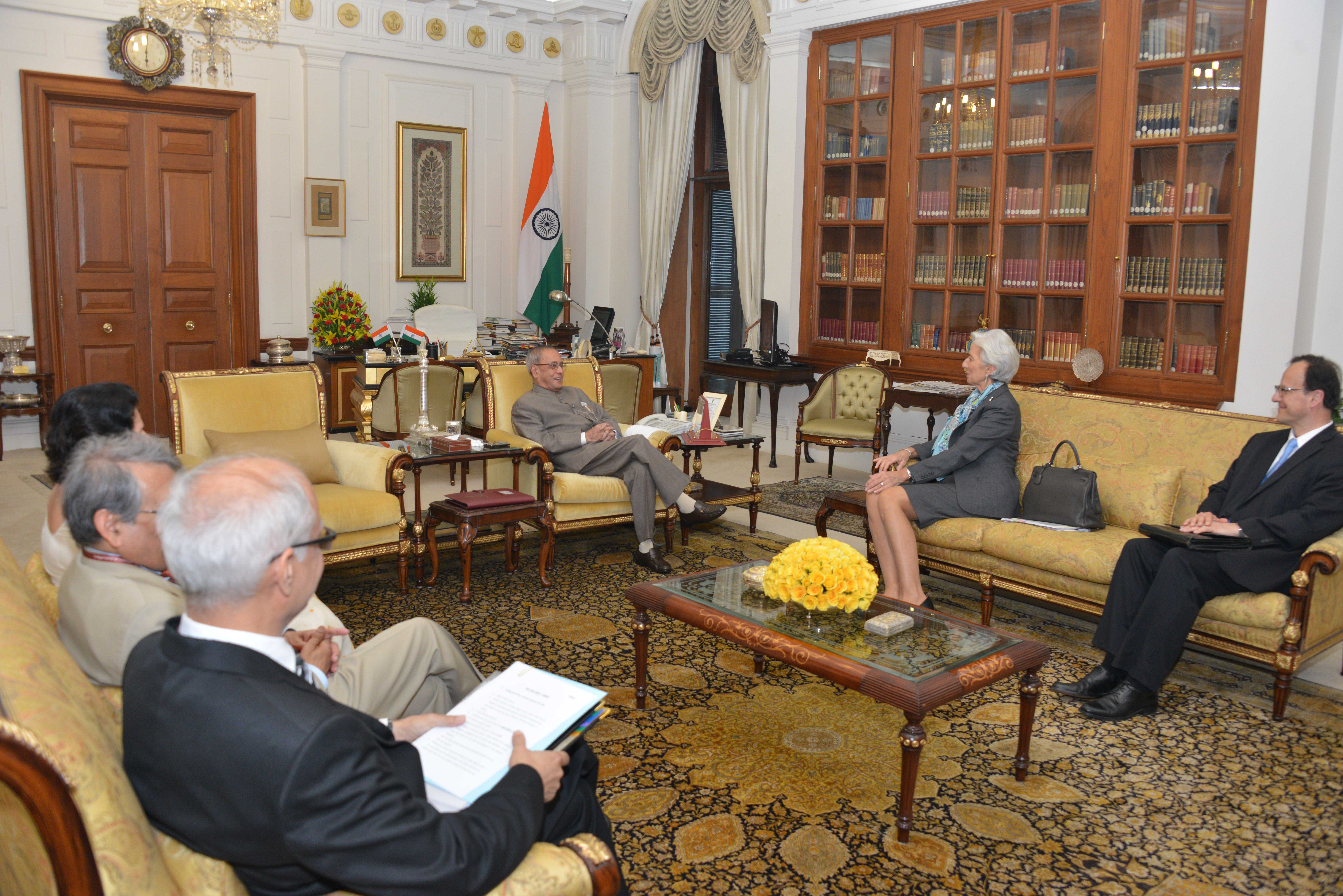 The Managing Director of the International Monetary Fund (IMF), Ms. Christine Lagarde calling on the President of India, Shri Pranab Mukherjee at Rashtrapati Bhavan on March 16, 2015.