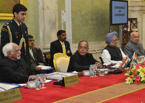 The President of India, Shri Pranab Mukherjee attending the Conference of Governors at Rashtrapati Bhavan in New Delhi on February 11, 2013. Also seen are the Vice President of India, Shri M. Hamid Ansari and Prime Minister of India, Prime Minister of I