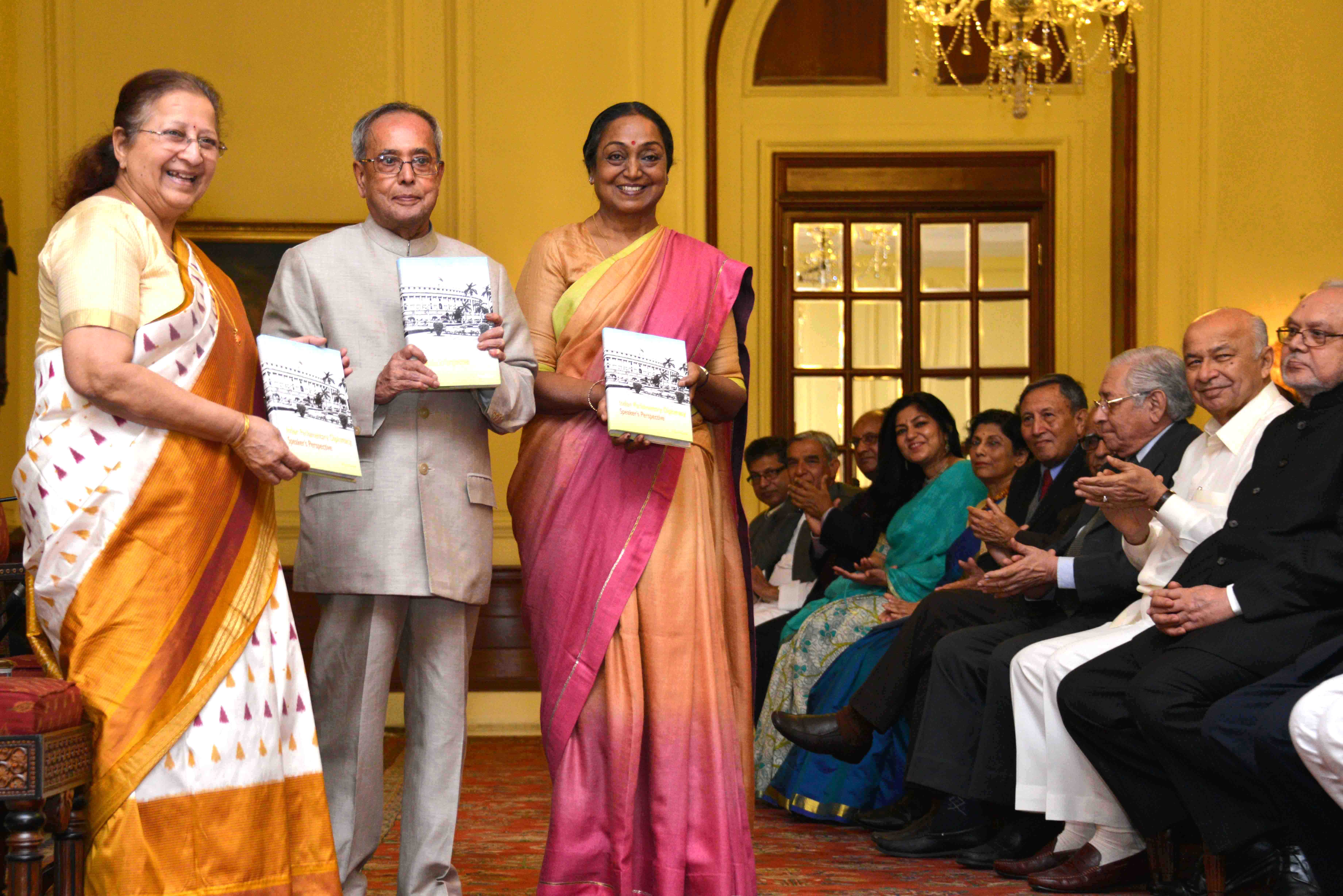 The President of India, Shri Pranab Mukherjee receiving the first copy of a book “Indian Parliamentary Diplomacy- Speaker’s Perspective” written by Smt. Meira Kumar, former Speaker, Lok Sabha at Rashtrapati Bhavan on March 19, 2015.