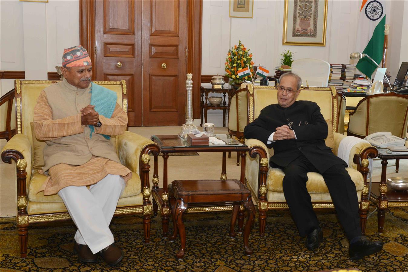 The Former President of Nepal, Dr. Ram Baran Yadav calling on the President of India, Shri Pranab Mukherjee at Rashtrapati Bhavan on February 5, 2016. 