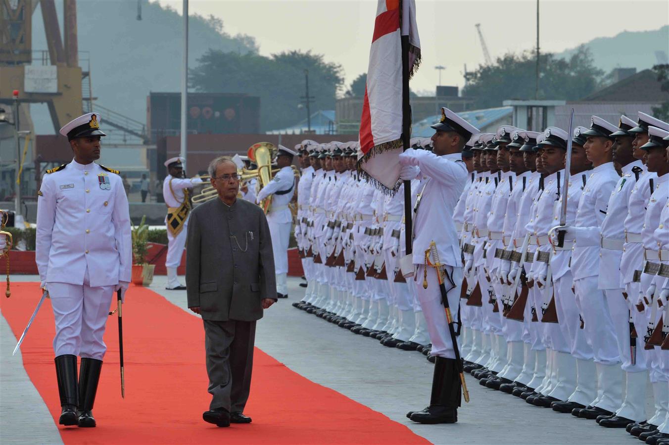 The President of India, Shri Pranab Mukherjee inspecting the Guard of Honour at the International Fleet Review-2016 at Visakhapatnam on February 6, 2016. 