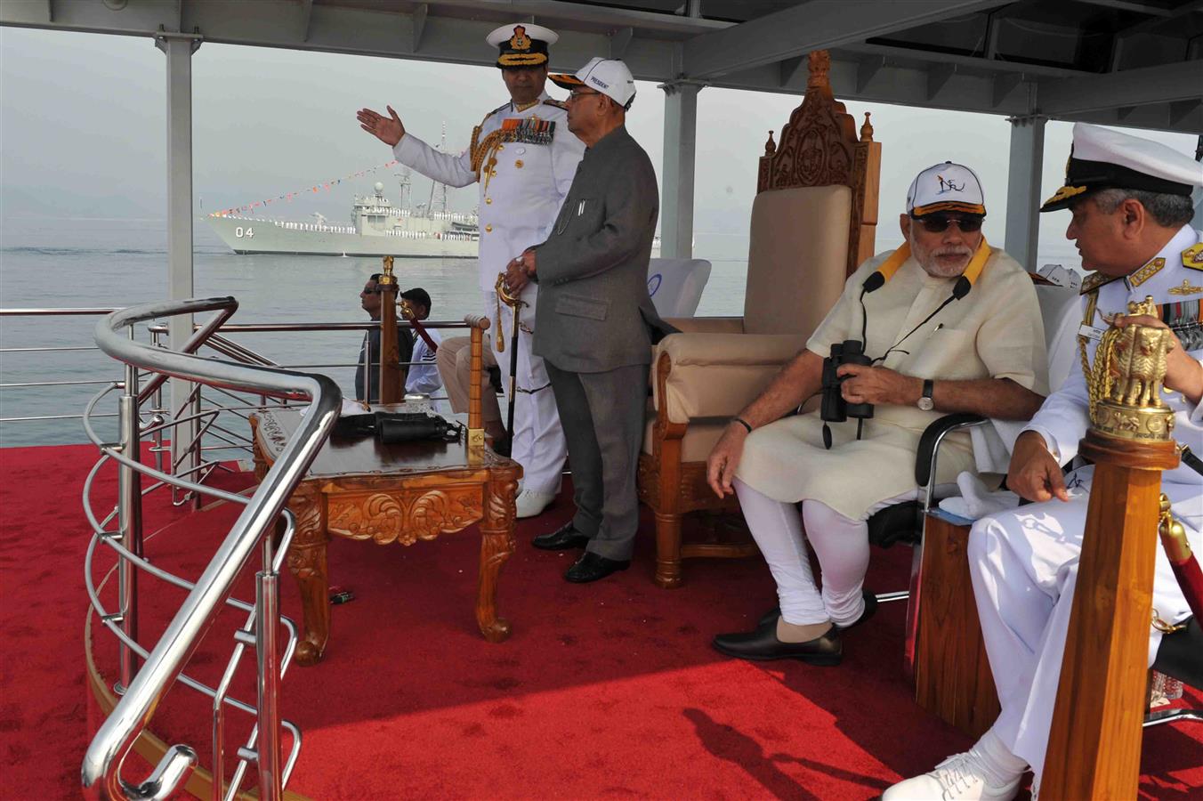 he President of India, Shri Pranab Mukherjee at Presidential ship INS Sumitra reviews the Fleet during the International Fleet Review-2016 at Visakhapatnam on February 6, 2016. 