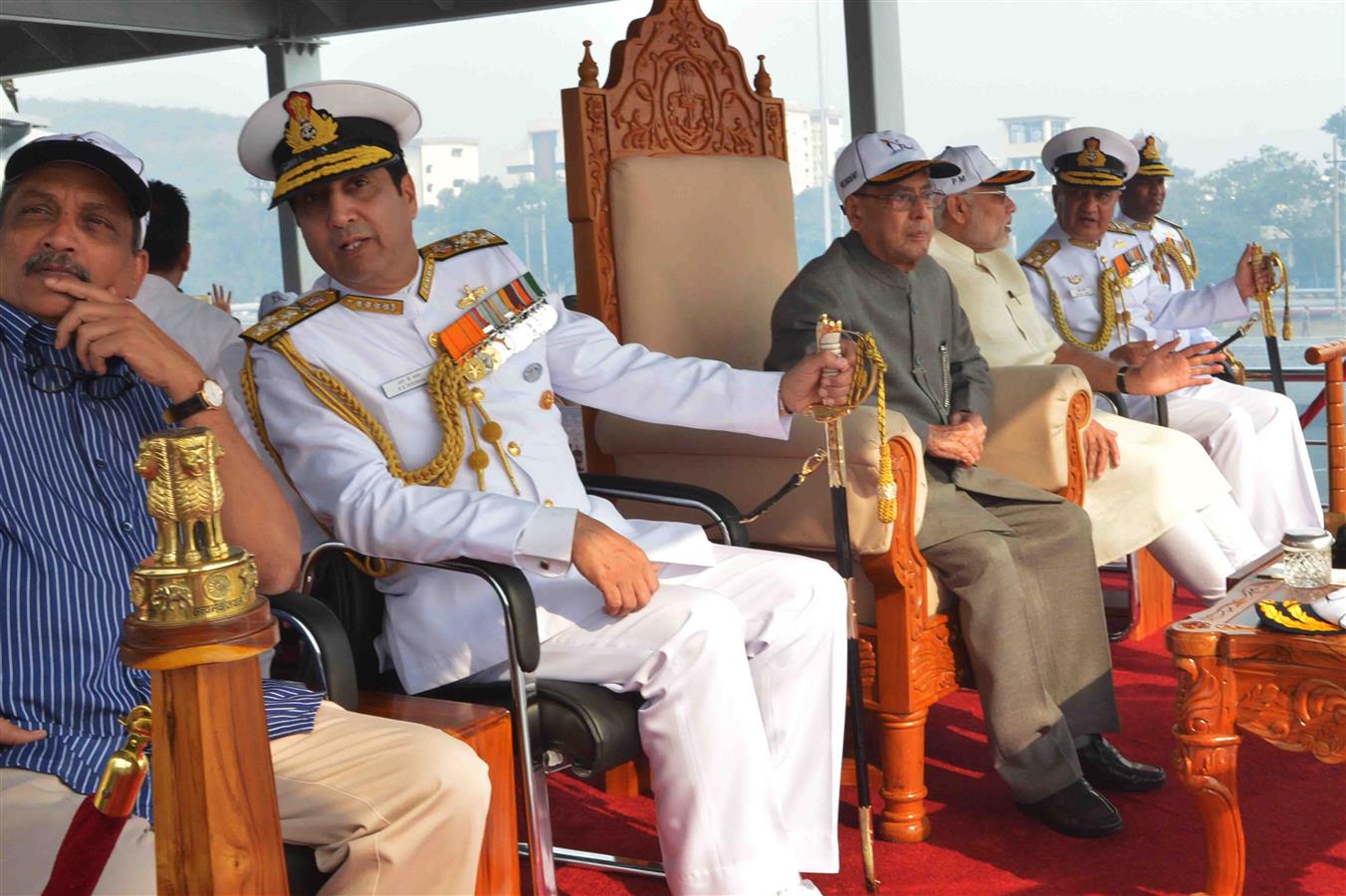 The President of India, Shri Pranab Mukherjee witnessing the International Fleet Review-2016 at Presidential ship INS Sumitra in Visakhapatnam on February 6, 2016. 