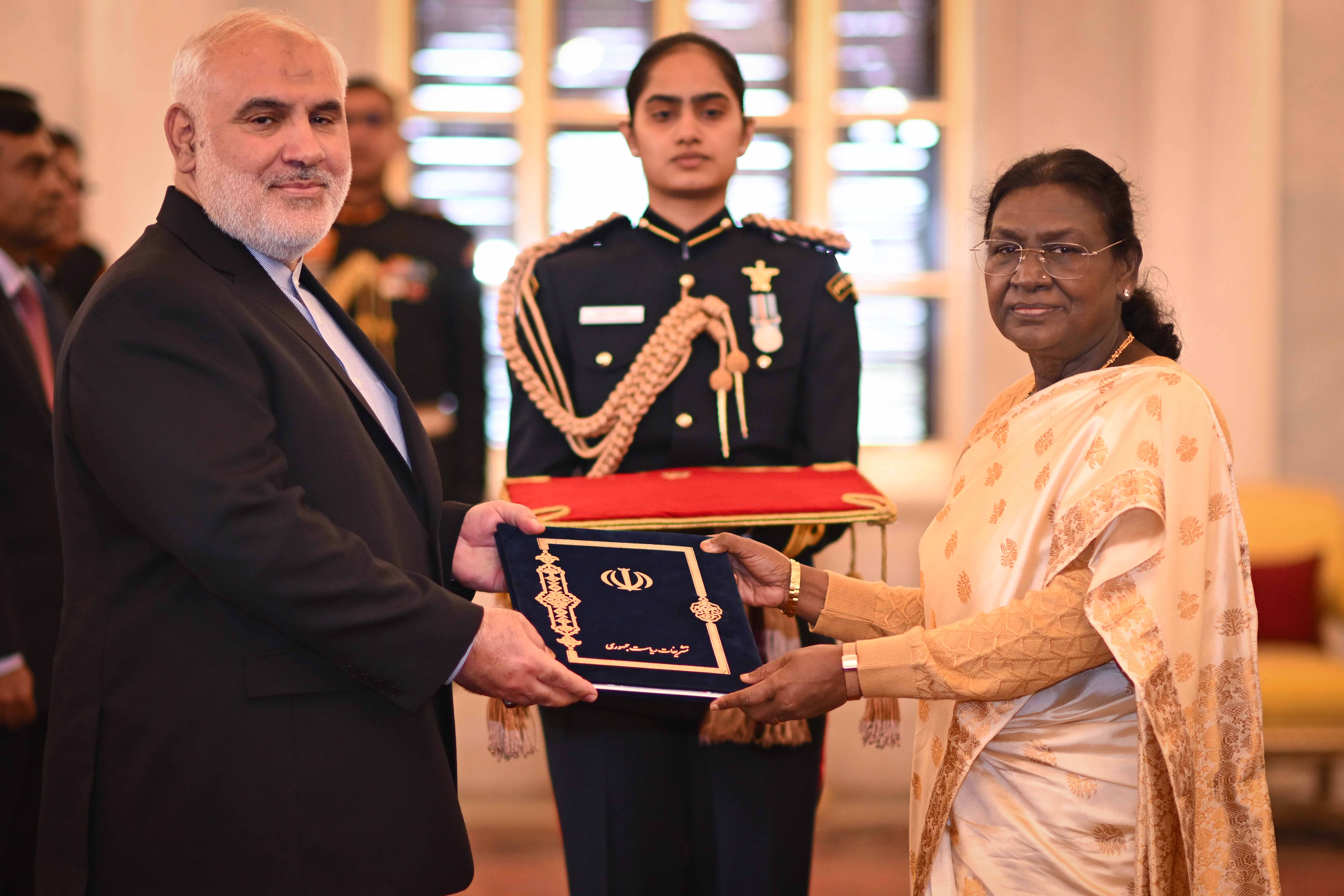H.E. Dr Mohammad Fathali, Ambassador of the Islamic Republic of Iran presenting credentials to the President of India, Smt Droupadi Murmu at a ceremony held at Rashtrapati Bhavan on December 15, 2025.