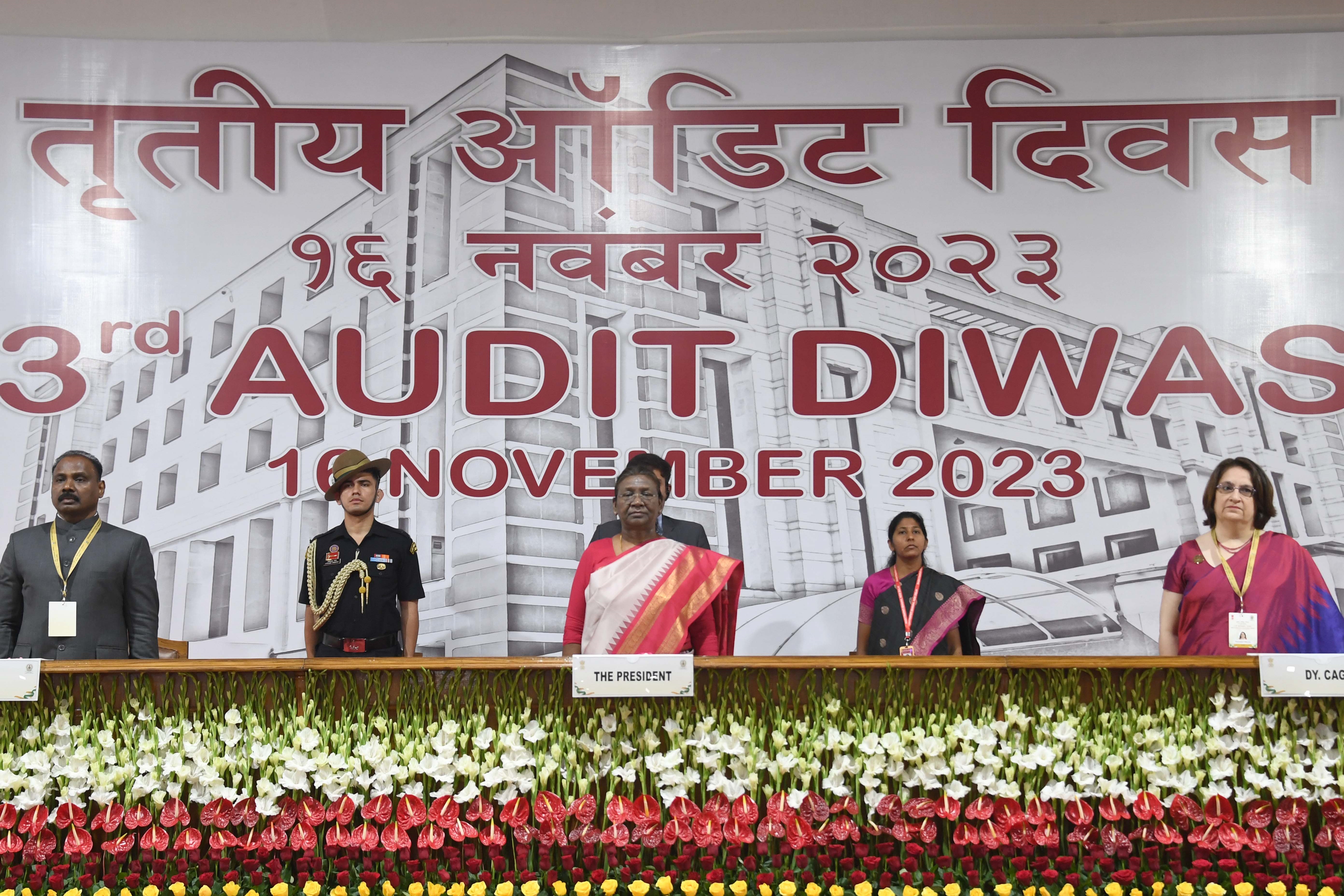 The President of India, Smt Droupadi Murmu graced and addressed the 3rd Audit Diwas Celebrations in New Delhi on November 16, 2023.