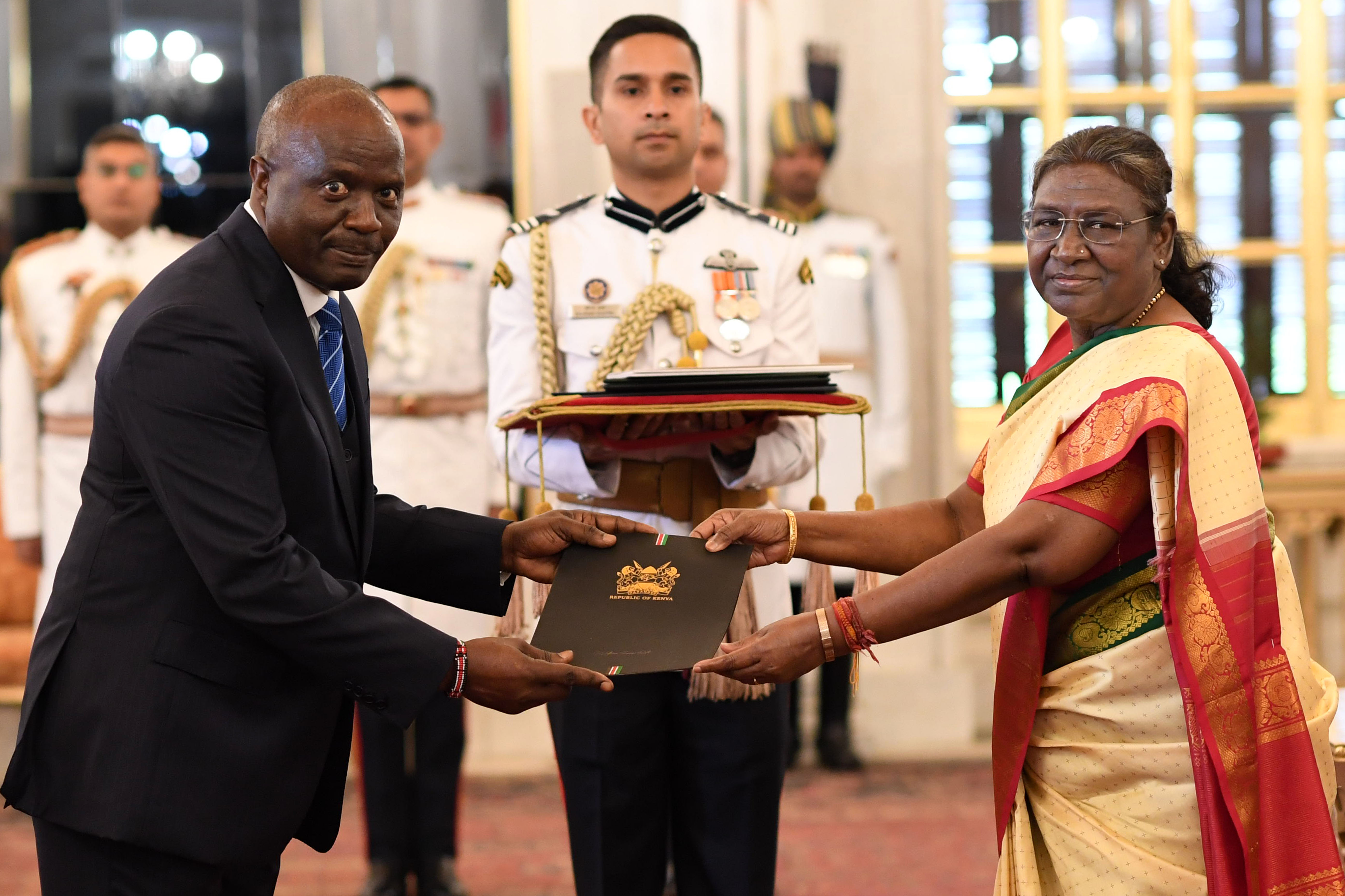 H.E. Mr Peter Maina Munyiri, High Commissioner of the Republic of Kenya presenting credentials to the President of India, Smt Droupadi Murmu at Rashtrapati Bhavan on March 27, 2024.