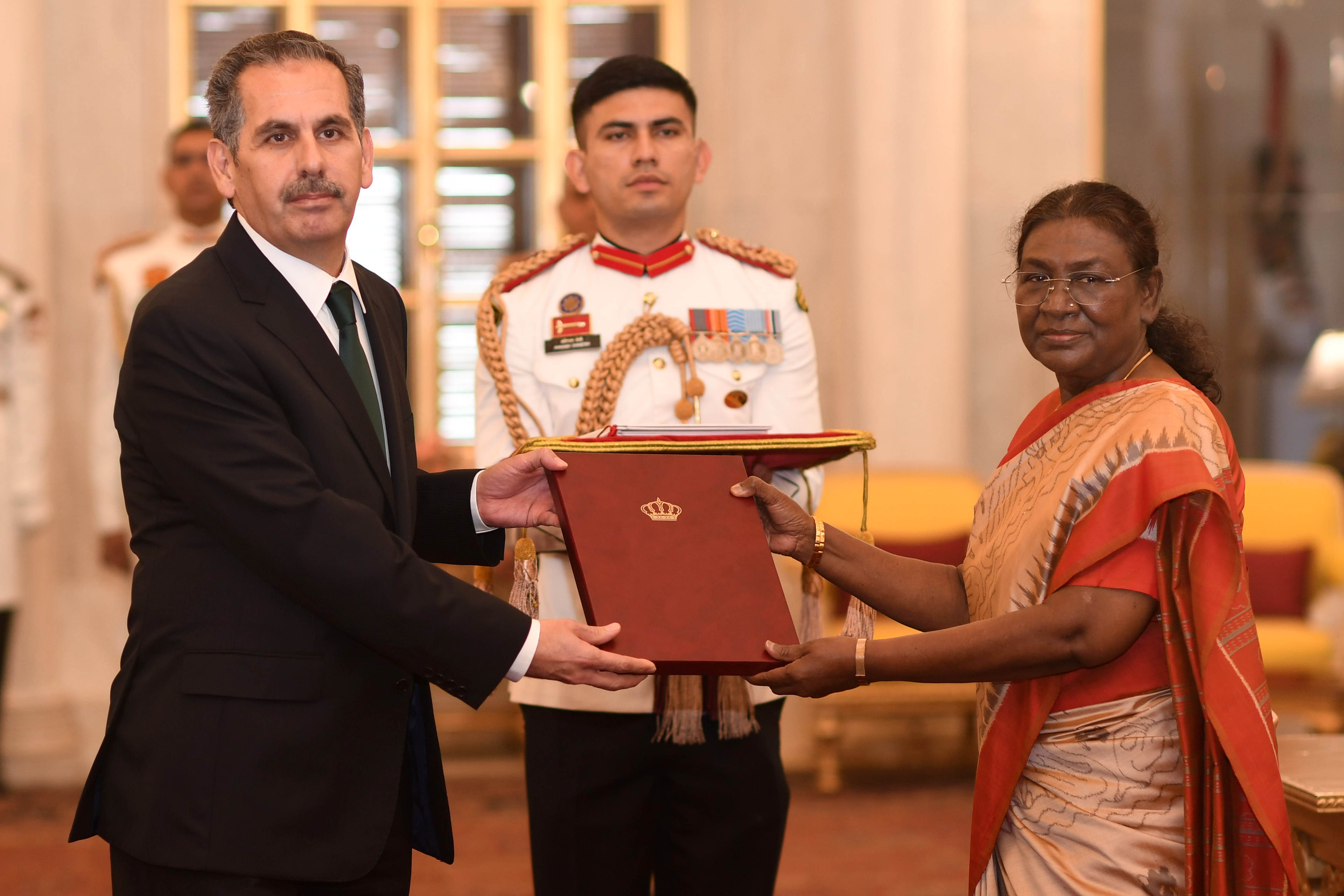 H.E. Mr Yousef Mustafa Ali Abdel Ghani, Ambassador of Hashemite Kingdom of Jordan presenting credentials to the President of India, Smt Droupadi Murmu at a ceremony held at Rashtrapati Bhavan on November 18, 2024.