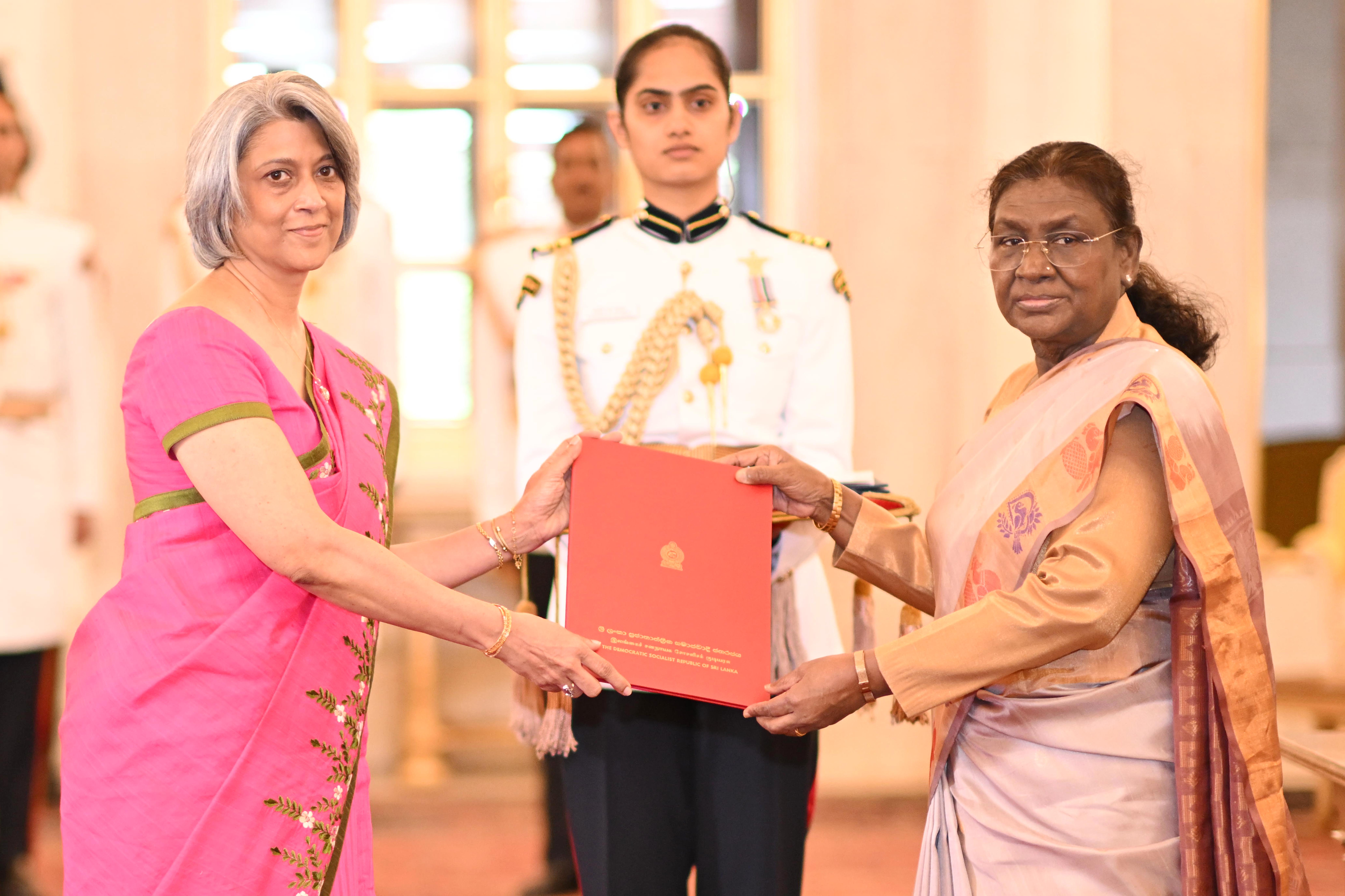 H.E. Ms Pradeepa Mahishini Colonne, High Commissioner of the Democratic Socialist Republic of Sri Lanka presenting credentials to the President of India, Smt Droupadi Murmu at a ceremony held at Rashtrapati Bhavan on July 29, 2025.