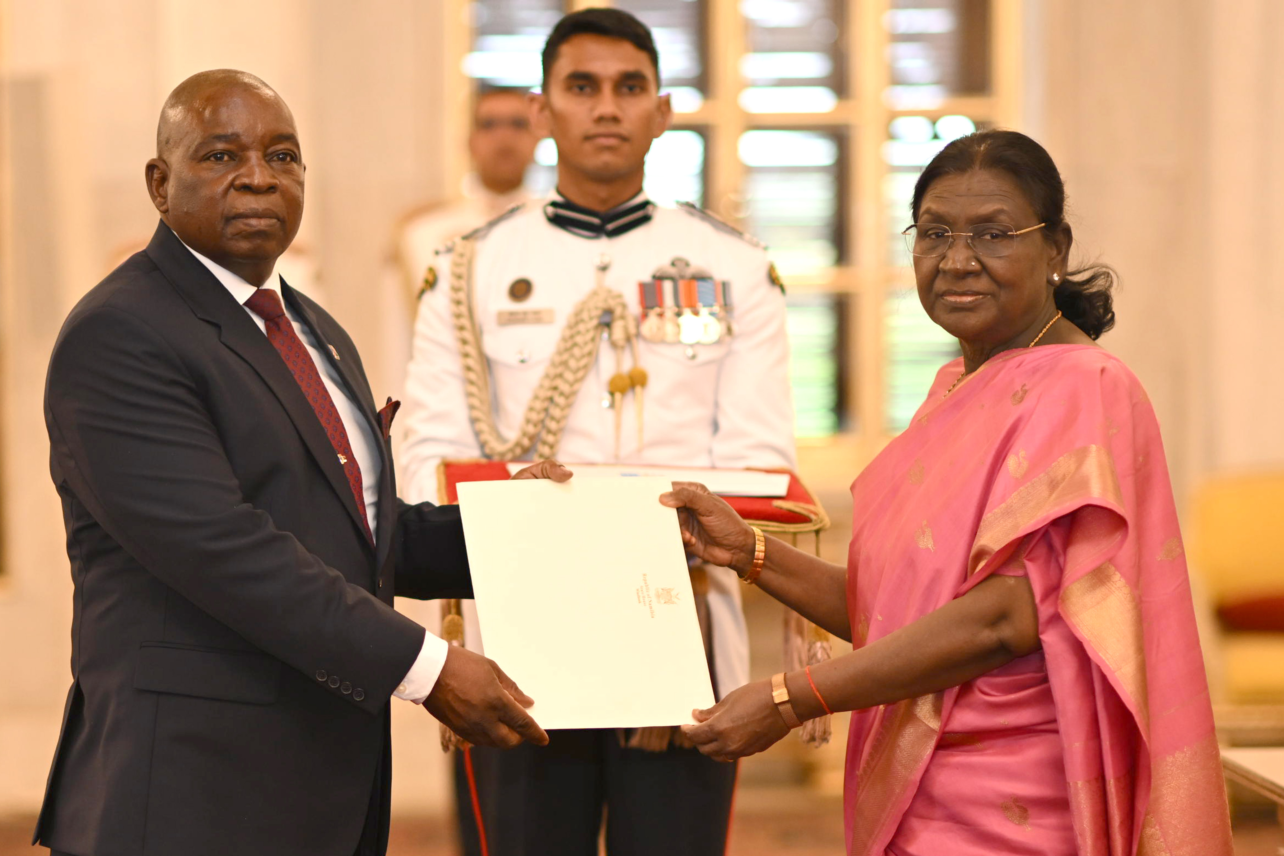 H.E. Wing Commander Alex Lunyazo Tukuhupwele (Retd.), High Commissioner of the Republic of Namibia presenting credentials to the President of India, Smt Droupadi Murmu at a ceremony held at Rashtrapati Bhavan on April 23, 2026.