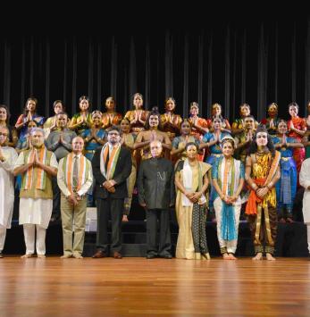 The President of India, Shri Pranab Mukherjee with artists after witnessing the Cultural Programme Dance Performance "Namami Gange" Choreograph by Smt. Saroja Vaidyanathan and Sang by Shri Babul Supriyo at Rashtrapati Bhavan Cultural Centre on July 24, 2